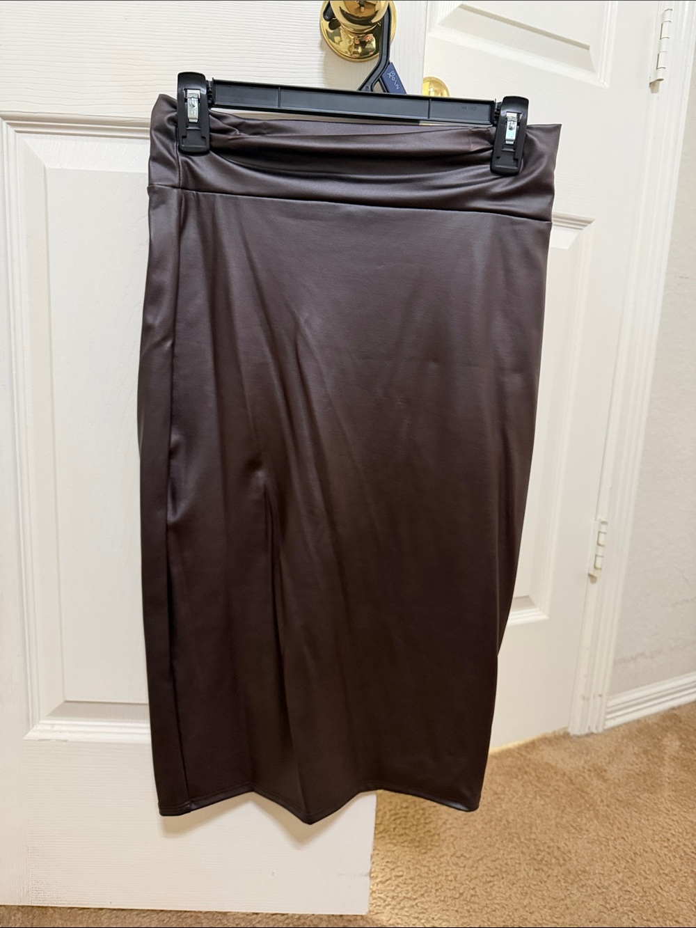 Stretch Faux Leather Pencil Skirt in Dark Brown